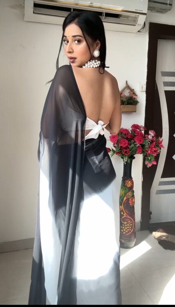 Black And White Omber paint Georgette Ready To Wear Saree With Unstitched Blouse - Image 3