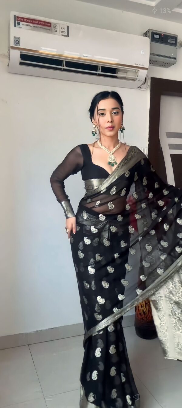 black cotton banarasi silver zari motifs saree Ready To Wear Saree With Unstitched Blouse - Image 3