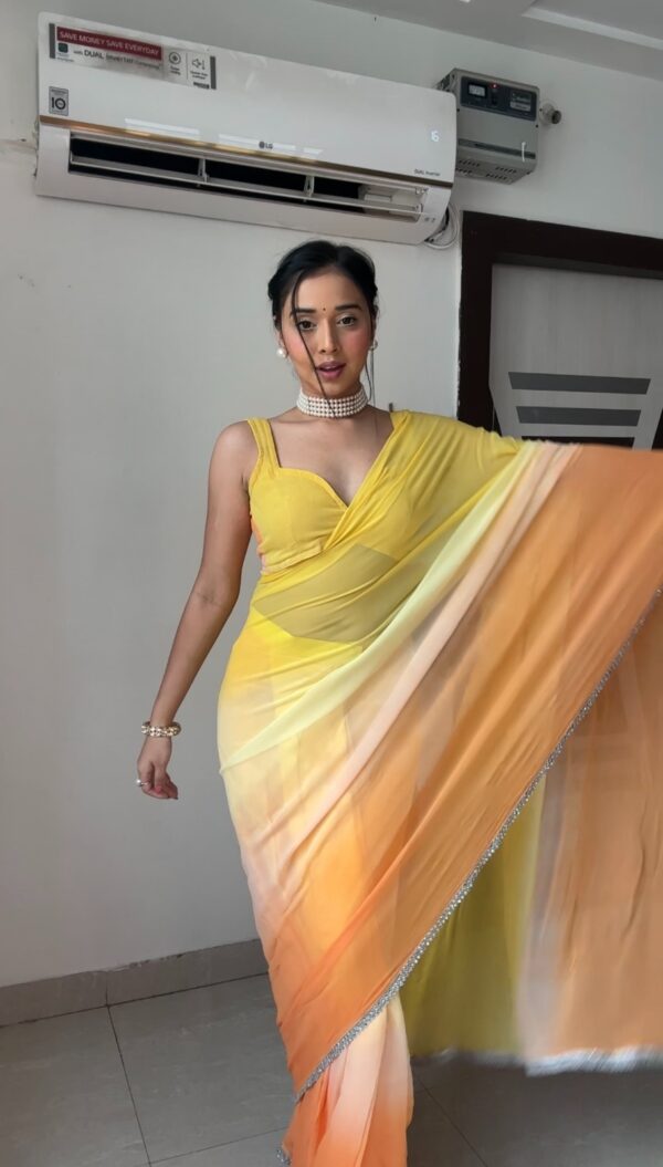 Lemon Yellow To Orange Ombré Shades Georgette Ready To Wear Saree With Unstitched Blouse - Image 3