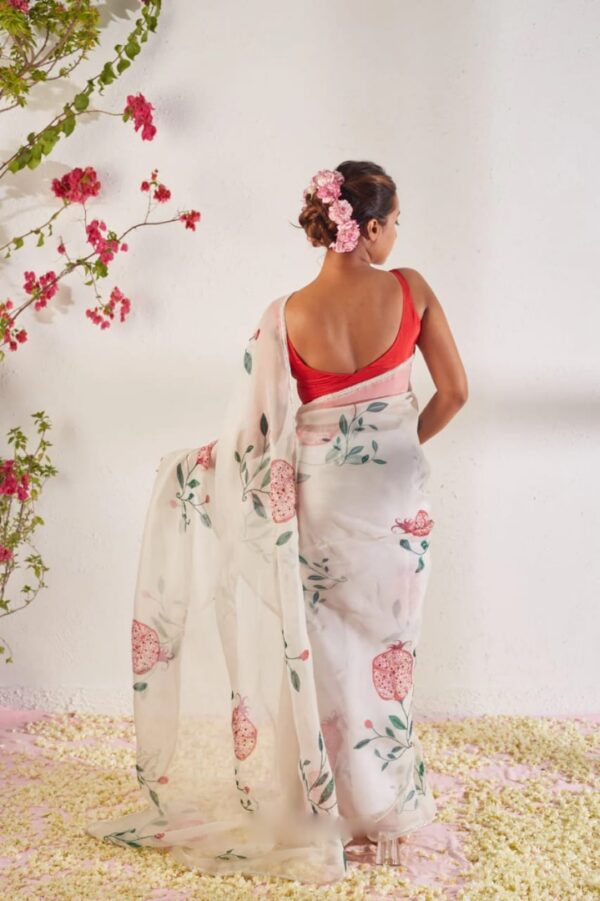 Cream Color Organza Saree Botanical Print Design Ready To Wear Saree With Stitched Blouse - Image 3