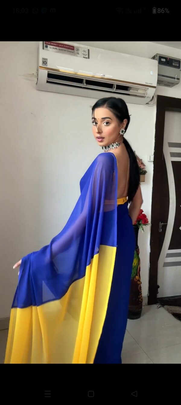 Royal Blue And Yellow Omber Pattern Georgette Ready To Wear Saree With Unstitched Blouse - Image 3