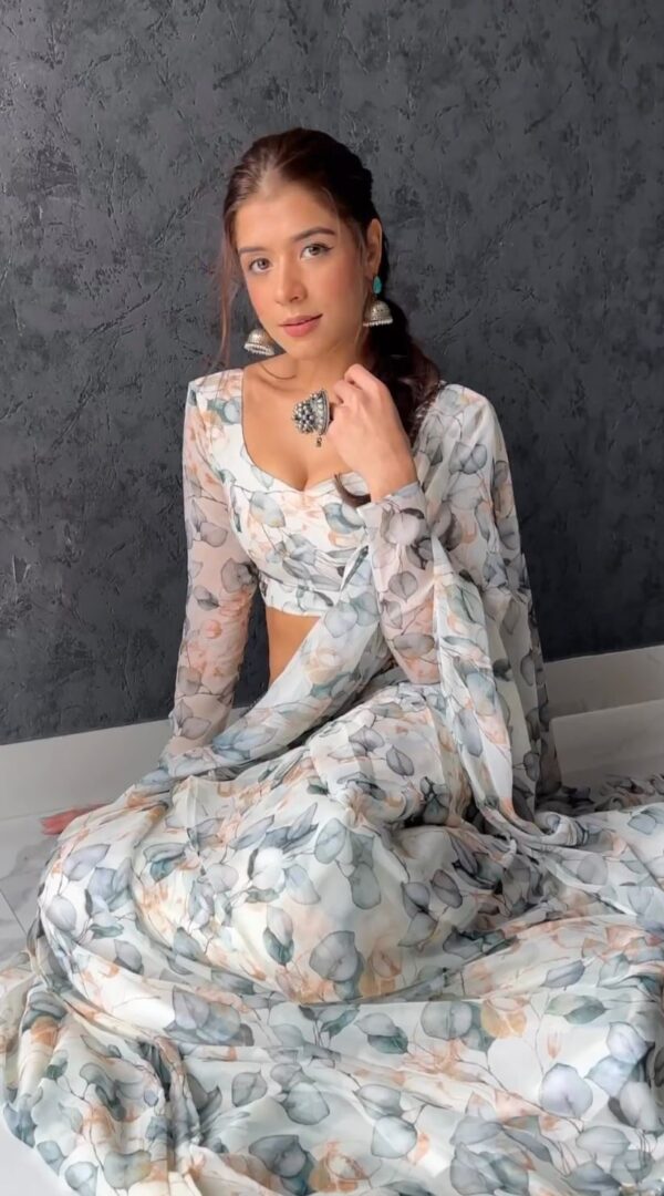 Blue, Grey, And Beige Omber Pattern Georgette Ready To Wear Saree With Unstitched Blouse - Image 3