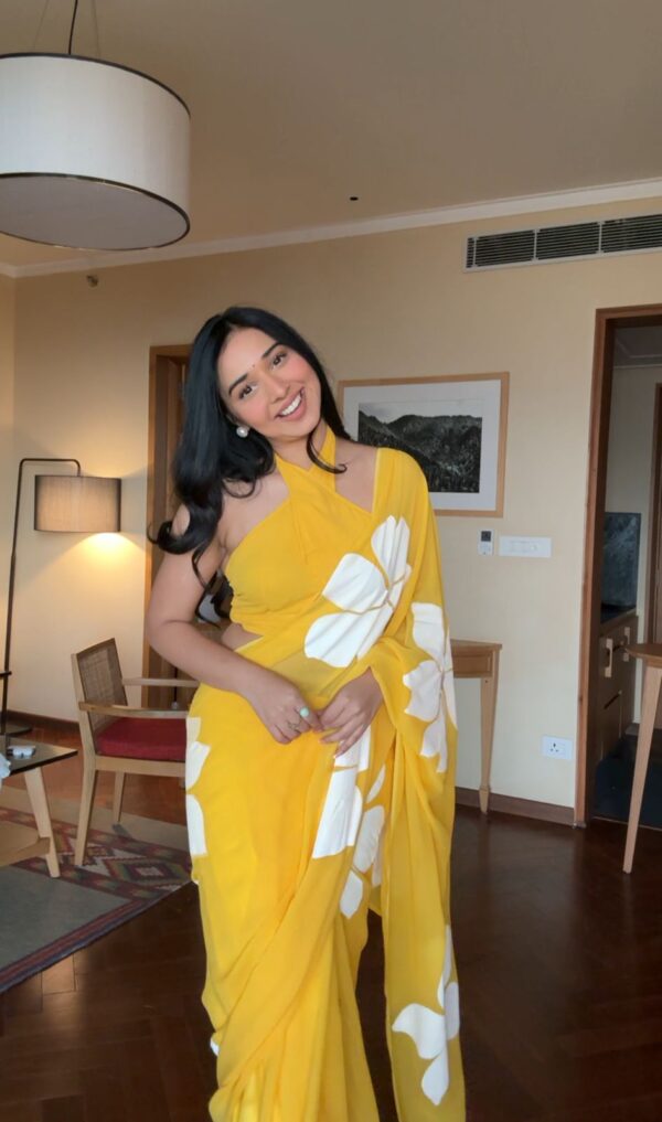 Yellow Color, Highlighted With Large White Floral Prints Georgette Ready To Wear Saree With Unstitched Blouse - Image 3