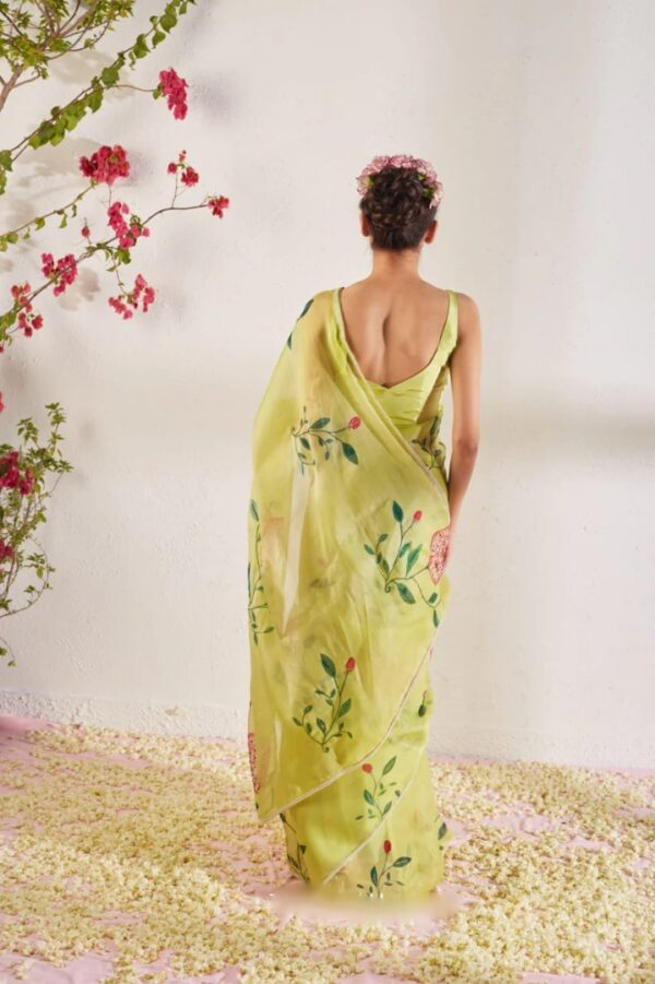 Lime Green Color Organza Saree Botanical Print Design Ready To Wear Saree With Stitched Blouse - Image 3