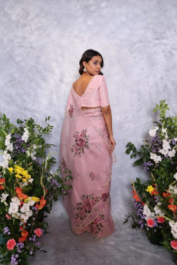 Pink Color Organza Saree Botanical Print Scalloped Golden Border Design Ready To Wear Saree With Stitched Blouse - Image 4