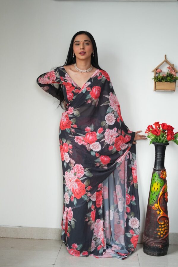 Black Base, Adorned With Bold Red And Pink Floral Prints Georgette Ready To Wear Saree With Unstitched Blouse - Image 3