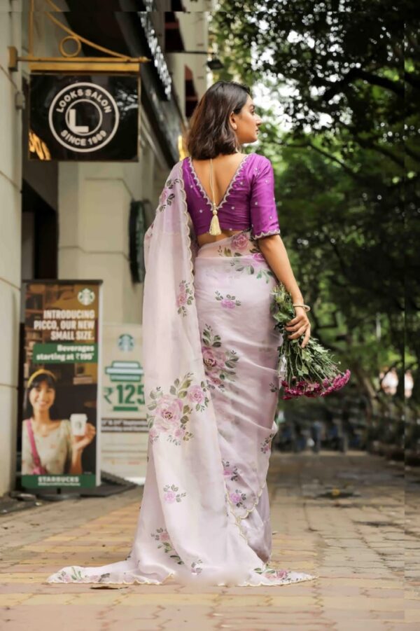 Lavender Color Organza Saree Botanical Print Scalloped Golden Border Design Ready To Wear Saree With Stitched Blouse - Image 3