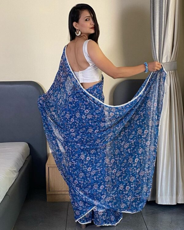 Navy Blue And Multi-color Floral Prints Georgette Ready To Wear Saree With Unstitched Blouse - Image 3