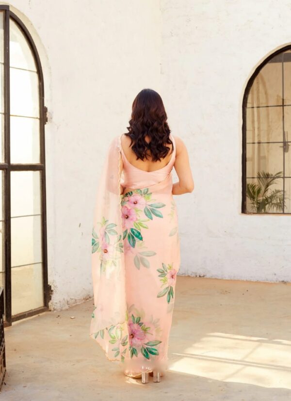 Peach Color Organza Saree Botanical Print Scalloped Golden Border Design Ready To Wear Saree With Stitched Blouse - Image 6