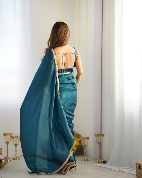 Teal Rama Gold Crush Saree With Golden Border Ready To Wear Saree With Embroidered Blouse Stitched - Image 3