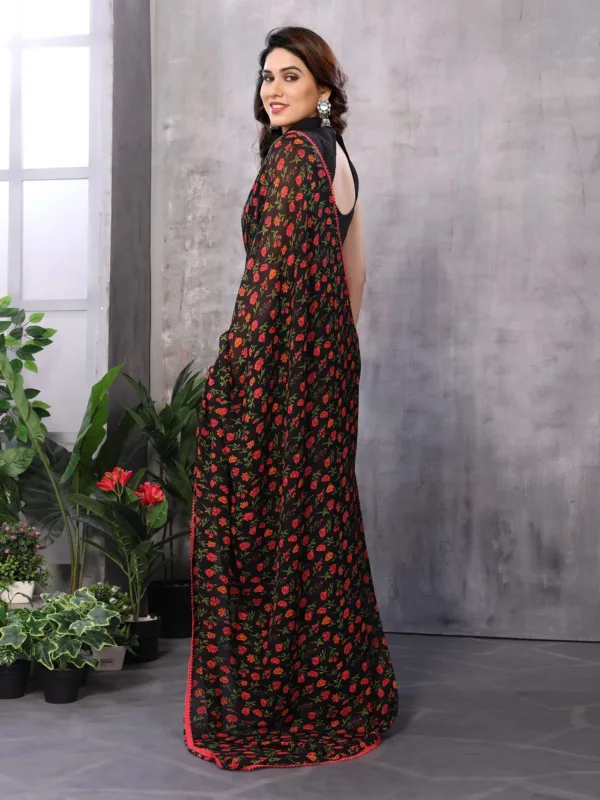 Black Georgette Red And Green Floral Prints Ready To Wear Saree  With Unstitched Blouse - Image 3