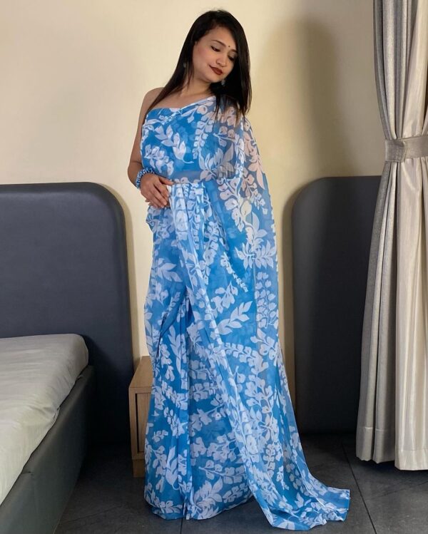 Light Blue And Light Blue Georgette Ready To Wear Saree With Unstitched Blouse - Image 3