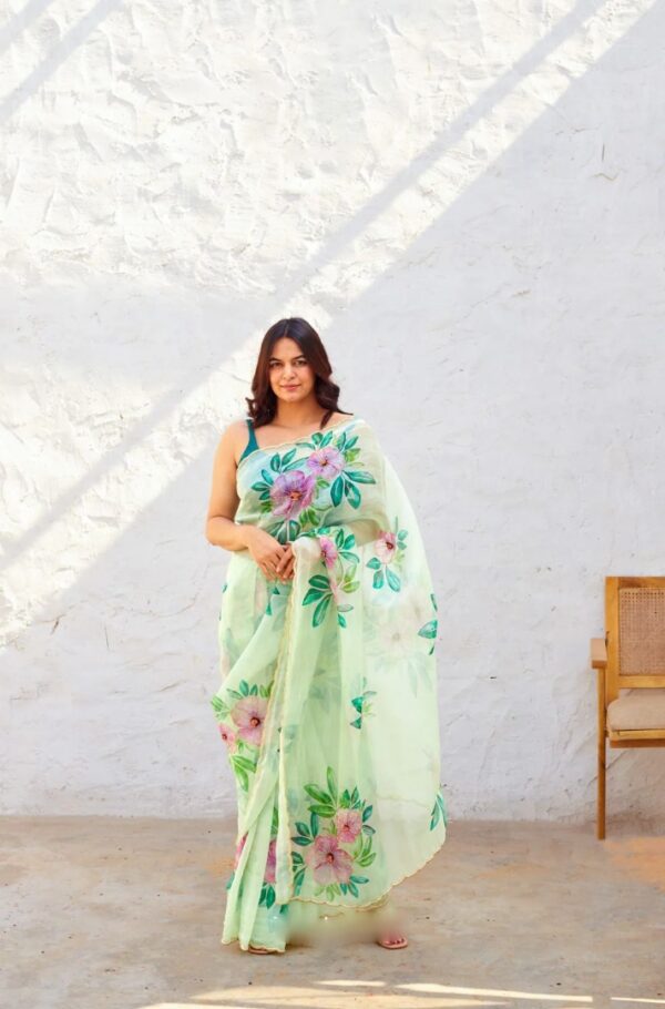 Mint Green Color Organza Saree Botanical Print Scalloped Golden Border Design Ready To Wear Saree With Stitched Blouse - Image 3