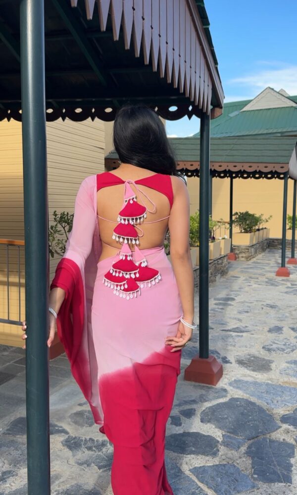 Baby Pink And Red Omber Print Georgette Ready To Wear Saree With Unstitched Blouse - Image 3