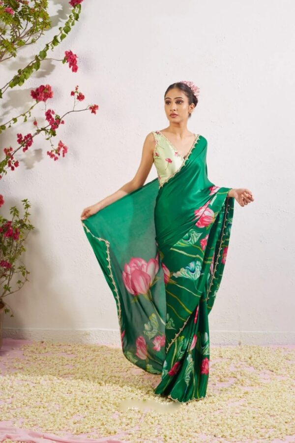 Green Color Satin Saree Botanical Lotus Print Scalloped Golden Border Design Ready To Wear Saree With Stitched Blouse