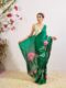 Green Color Satin Saree Botanical Lotus Print Scalloped Golden Border Design Ready To Wear Saree With Stitched Blouse