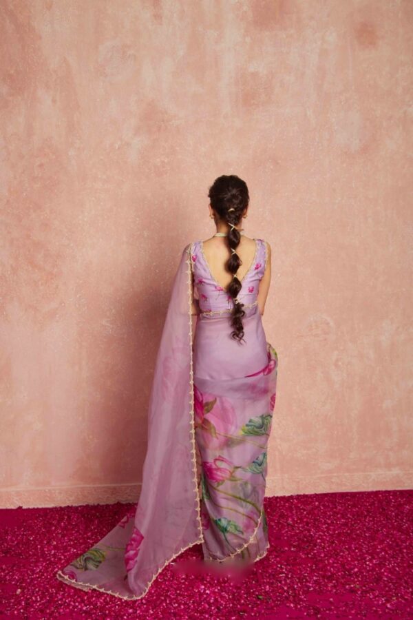 Lavender Color Organza Hand-painted Lotus Motifs In Pink And Green Ready To Wear Saree With Stitched Blouse - Image 3