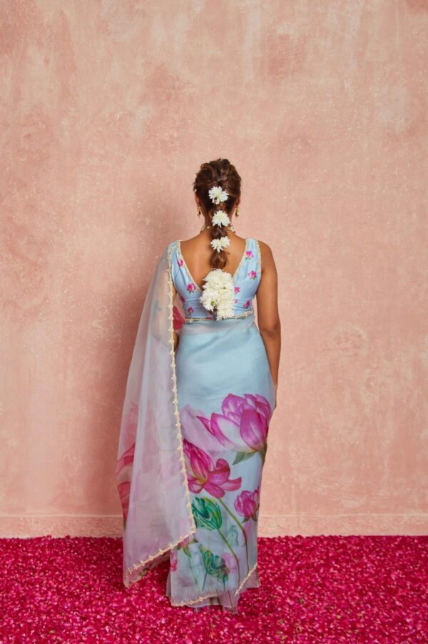 Sky Blue Color Organza Vibrant Multi-colored Lotus Prints Ready To Wear Saree With Stitched Blouse - Image 3
