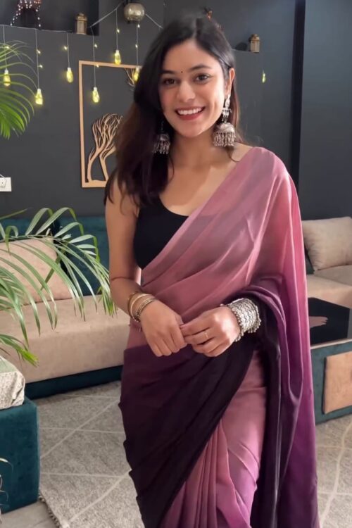 Pink And Purple Color Ombre Saree,Flowy Drape Georgette Ready To Wear Saree With Unstitched Blouse