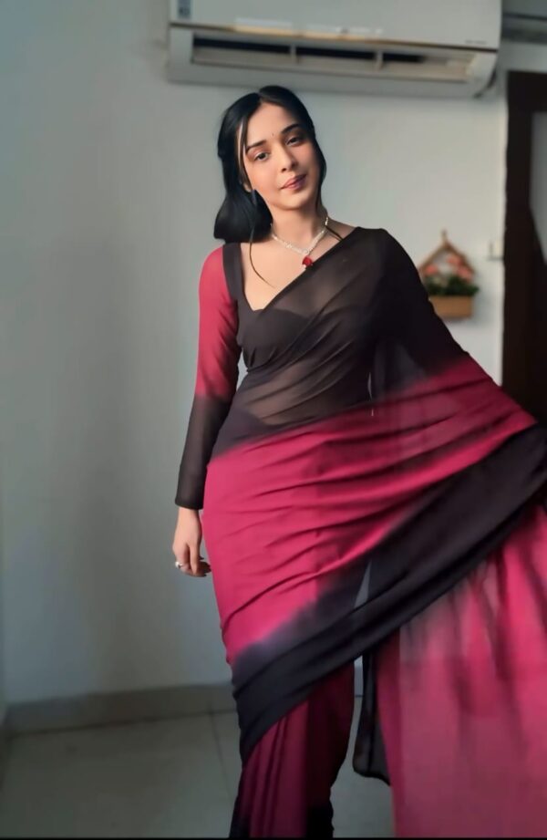 Maroon And Black Color Ombre Saree,Flowy Drape Georgette Ready To Wear Saree With Unstitched Blouse - Image 3