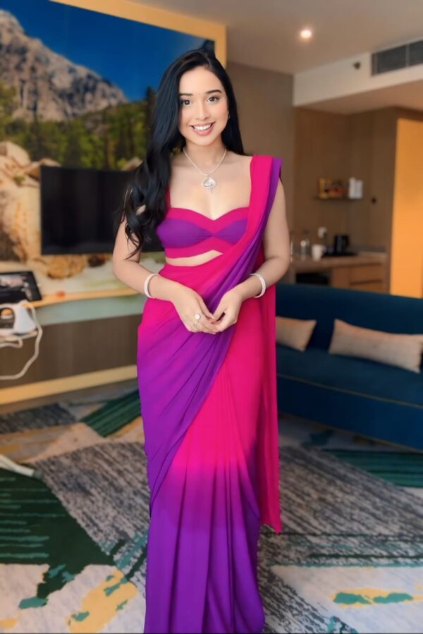 Pink And Purple Color Ombre Saree,Flowy Drape Georgette Ready To Wear Saree With Unstitched Blouse - Image 3