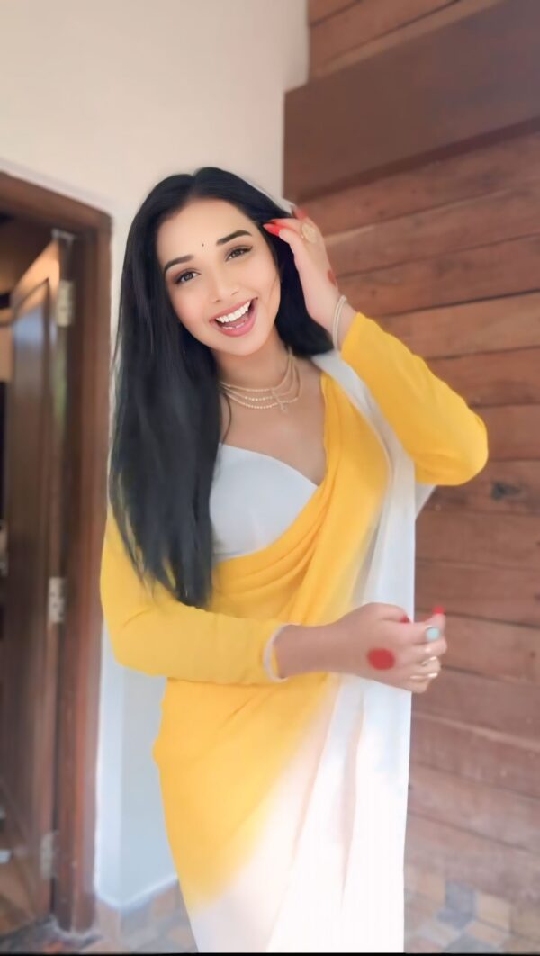 Yellow And White Ready To Wear Saree With Designer Unstitched Blouse - Image 4