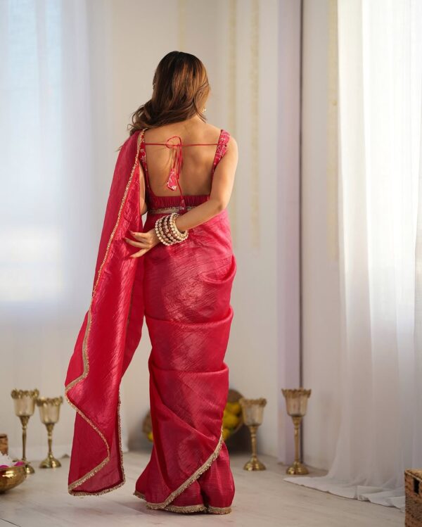 Rani Pink Gold Crush Saree With Golden Border Ready To Wear Saree With Embroidered Blouse Stitched - Image 3