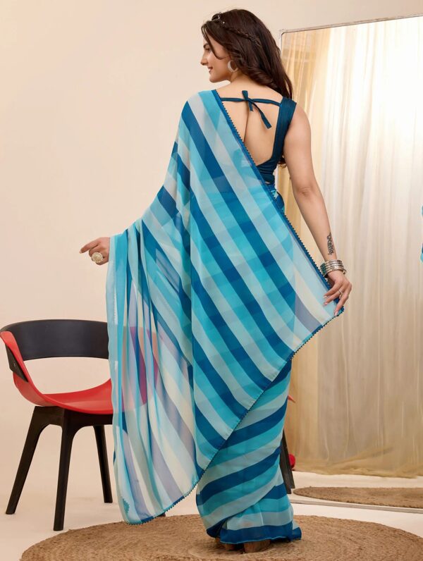 Blue In Light And Dark Stripes Georgette Ready To Wear Saree With Unstitched Blouse - Image 3