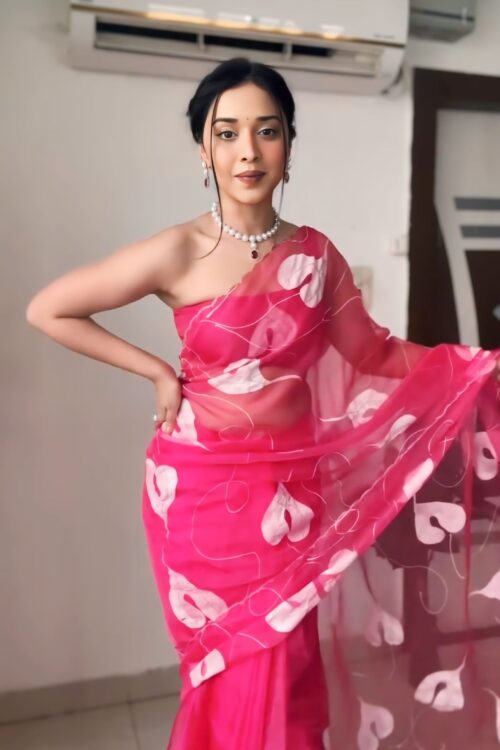 Pink White Abstract Floral Print Ready To Wear Saree With Designer Unstitched Blouse