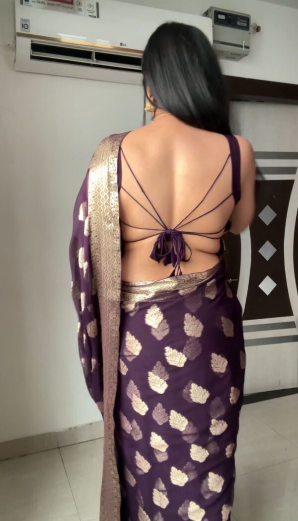 Deep Wine Color Golden Zari Woven Motifs Traditional Cotton Banarasi Ready To Wear Saree With Unstitched Blouse - Image 3