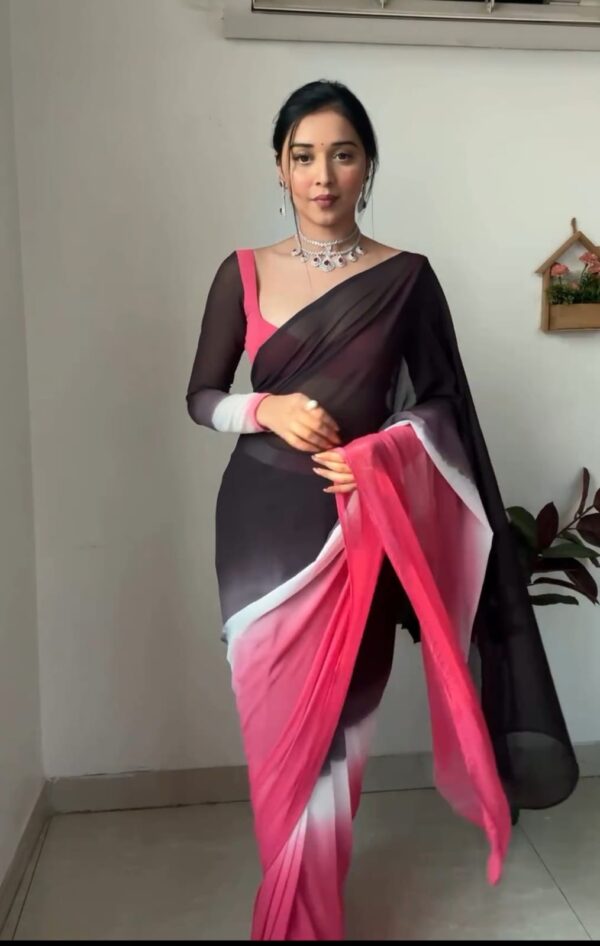 Black, Grey, White, And Pink Color Ombre Saree Georgette Ready To Wear Saree With Unstitched Blouse - Image 3
