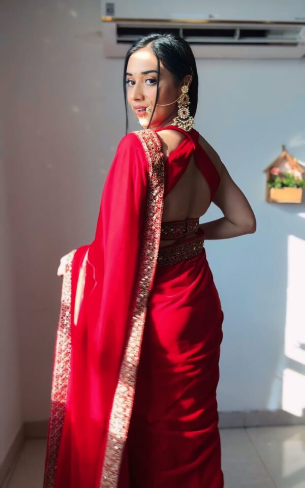 Red Color Golden Sequin Border Velvet Ready To Wear Saree With Unstitched Blouse - Image 3