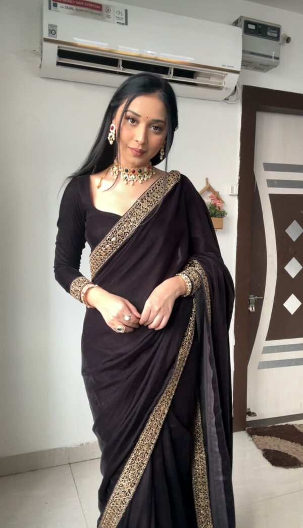 Black Color Golden Sequin Border Velvet Ready To Wear Saree With Unstitched Blouse (Copy) - Image 3