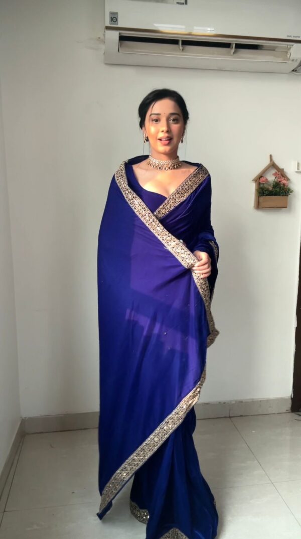 Blue Color Golden Sequin Border Velvet Ready To Wear Saree With Unstitched Blouse - Image 5