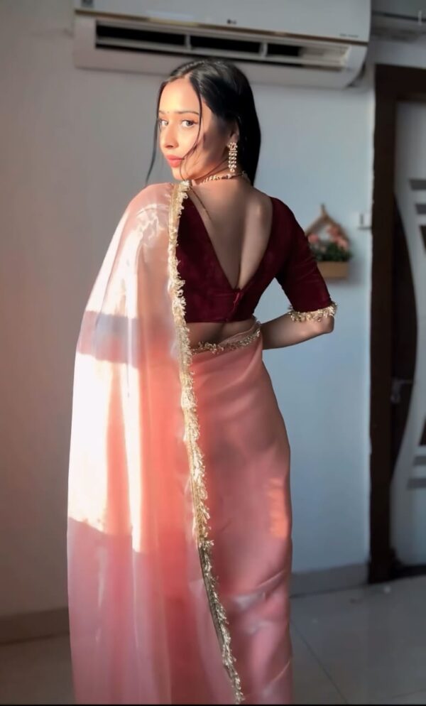 Peach Color Golden Sequin Border Velvet Ready To Wear Saree With Unstitched Blouse - Image 3