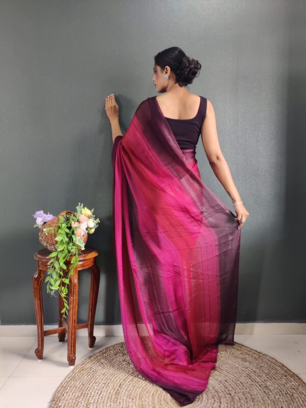 Magenta And Wine Shades Georgette Soft Ombré Pattern Ready To Wear Saree With Unstitched Blouse - Image 2