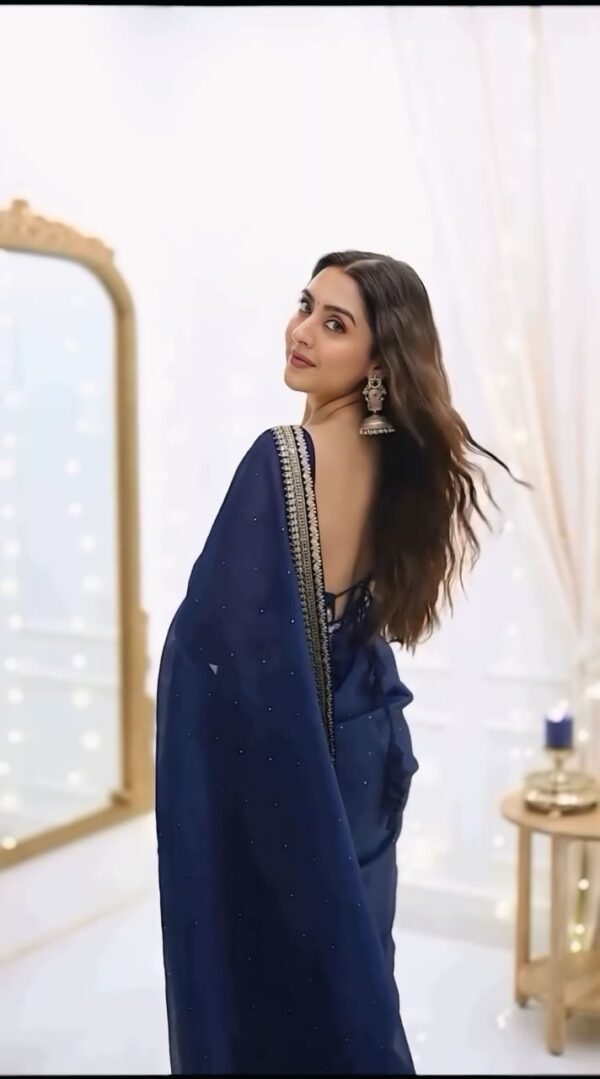 Organza Saree With Elegant Blue Stripes Ready To Wear Saree With Unstitched Blouse - Image 3