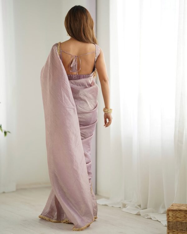 Light Purple Gold Crush Saree With Golden Border Ready To Wear Saree With Embroidered Blouse Stitched - Image 3