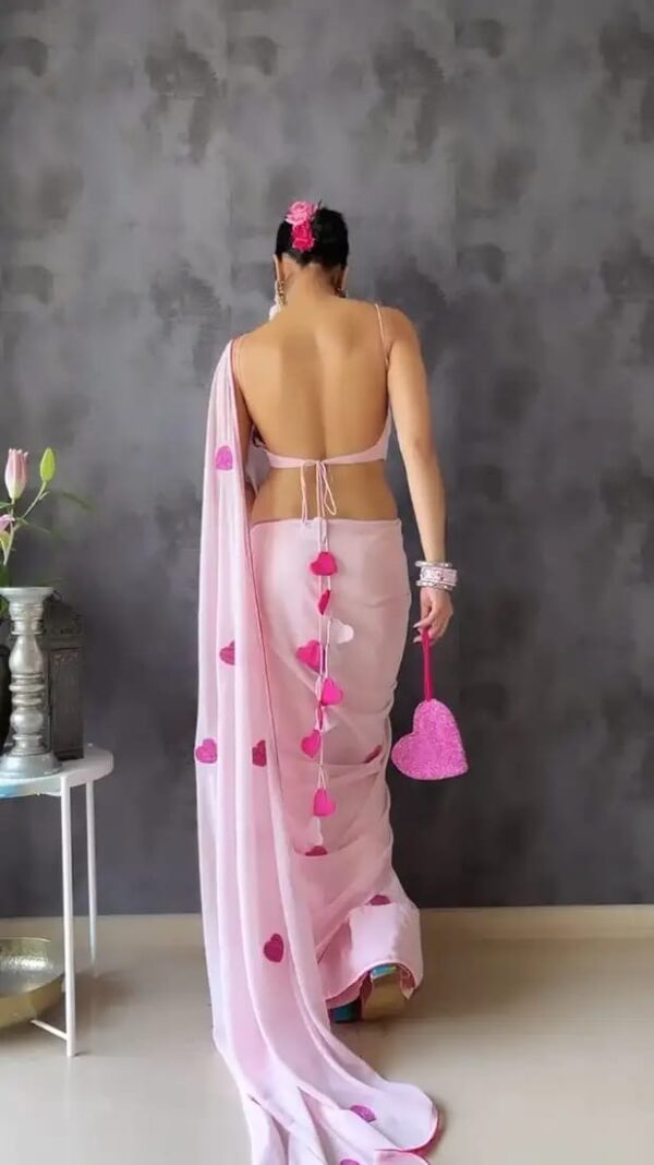 Baby Pink Heart Embellishments Georgette Ready To Wear Saree With Unstitched Blouse - Image 3