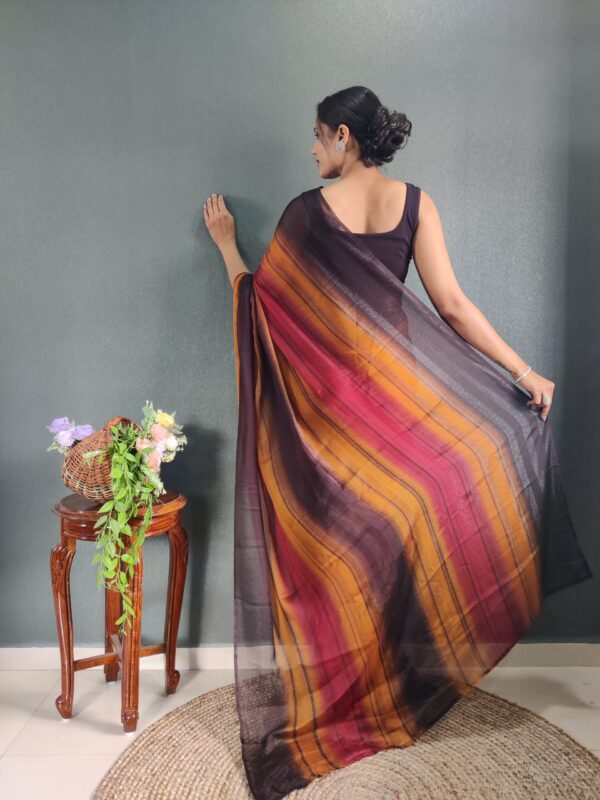 Burnt Orange, Deep Maroon Shades Georgette Soft Ombré Pattern Ready To Wear Saree With Unstitched Blouse - Image 2