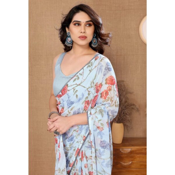 Pastel Blue Shade Floral Prints In Pink And Lavender Tones Georgette Ready To Wear Saree With Unstitched Blouse - Image 3