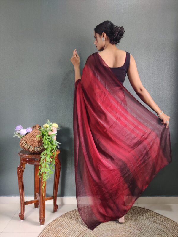 Wine Red To Deep Maroon Georgette Soft Ombré Pattern Ready To Wear Saree With Unstitched Blouse - Image 2