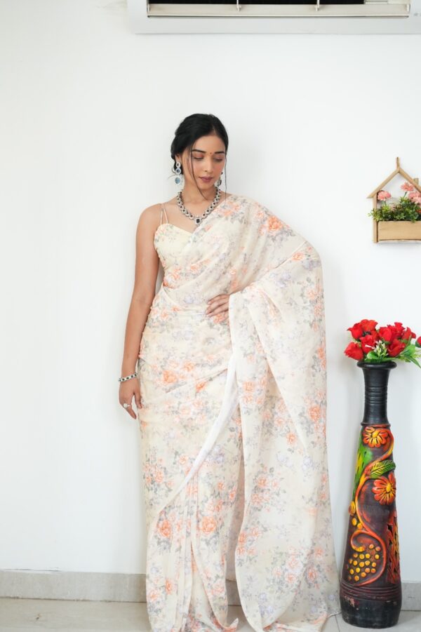 Light Cream With Pastel Orange And Lilac Floral Prints Georgette Ready To Wear Saree With Unstitched Blouse - Image 3