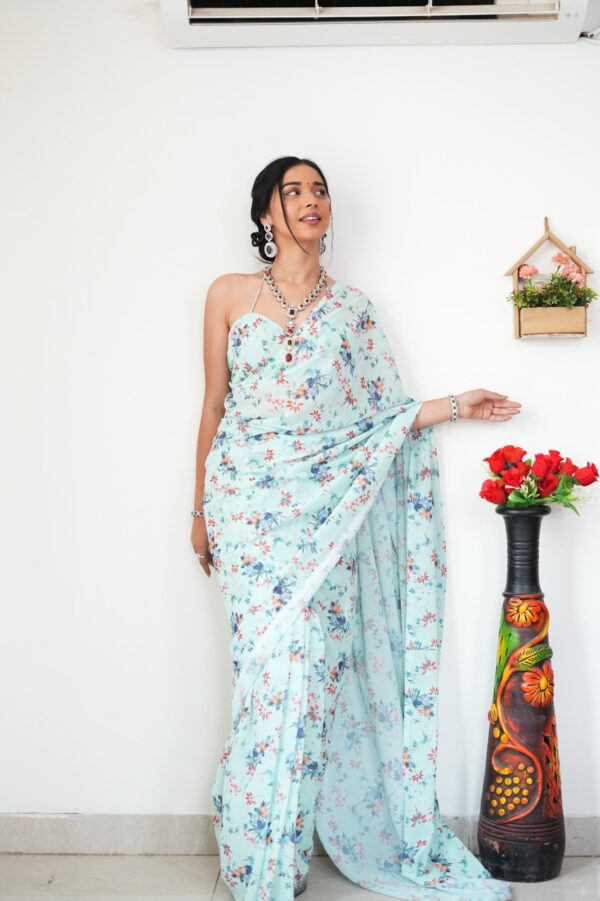 Pastel Blue With Multi-color Floral And Fan Motifs Georgette Ready To Wear Saree With Unstitched Blouse - Image 3