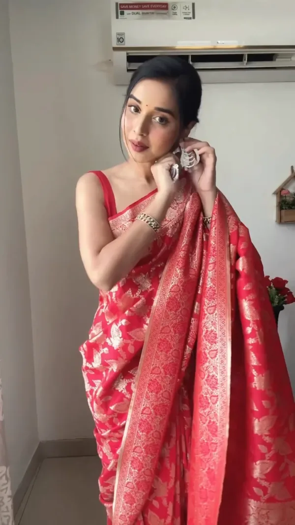 Red Banarasi Silk Saree With Rich Golden Zari Ready To Wear Saree With Unstitched Blouse - Image 3
