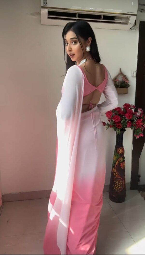 Baby Pink And White Omber Print Georgette Ready To Wear Saree With Unstitched Blouse - Image 3