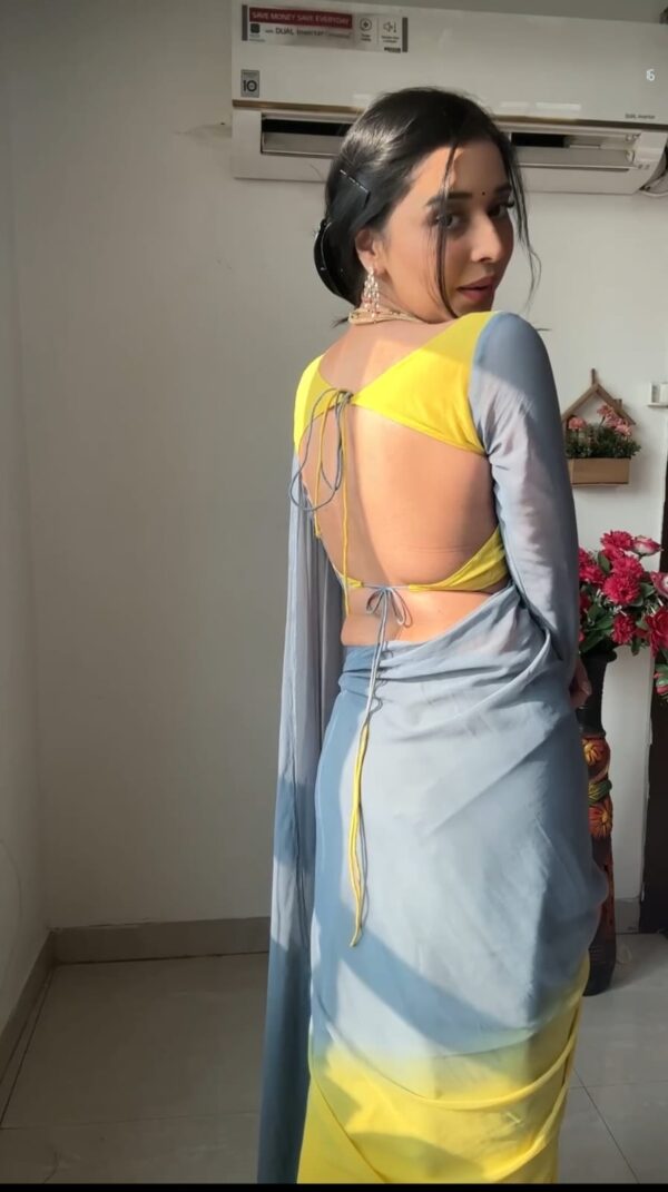 Yellow And Grey Omber paint Georgette Ready To Wear Saree With Unstitched Blouse - Image 3
