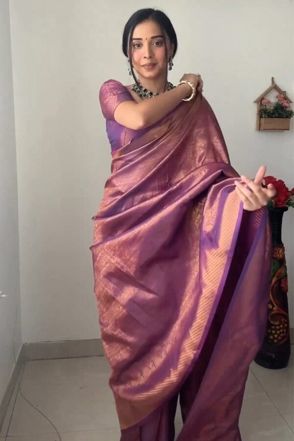 Purple Banarasi Silk Saree With Intricate Zari Work Ready To Wear Saree With Unstitched Blouse - Image 3