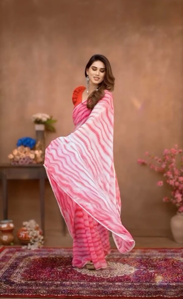 Vibrant Pink And White Shibori Tie-dye Waves Georgette Ready To Wear Saree With Unstitched Blouse - Image 3