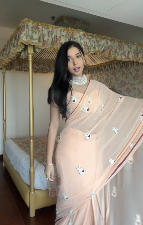 Peach Color White And Maroon Thread Embroidered Motifs Georgette Ready To Wear Saree With Unstitched Blouse - Image 5